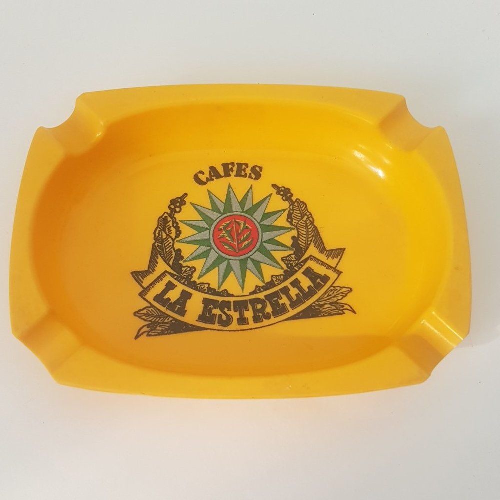 Vintage Cafes La Estrella Ashtray Efmen Spain Gijon Hard Plastic RARE Bright Yel